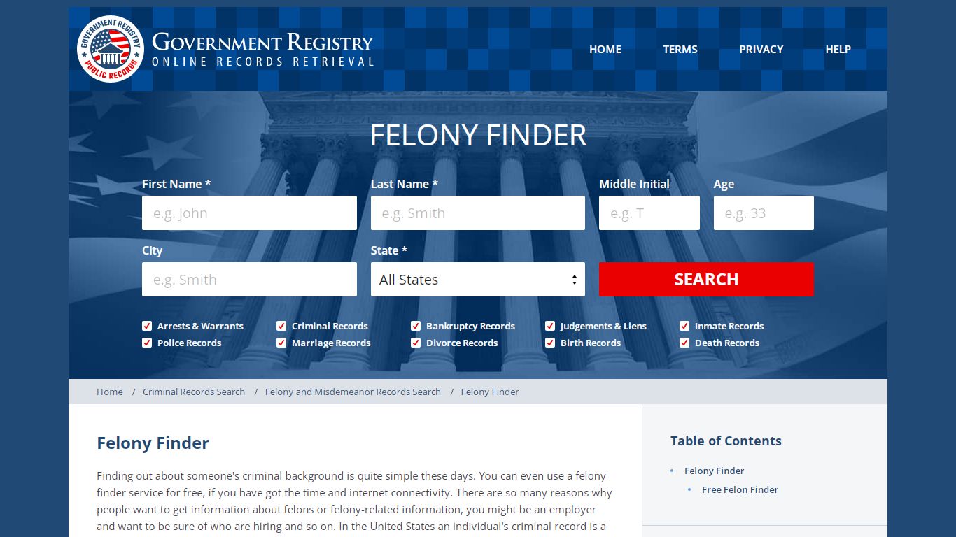 Felony Finder | GovernmentRegistry.org